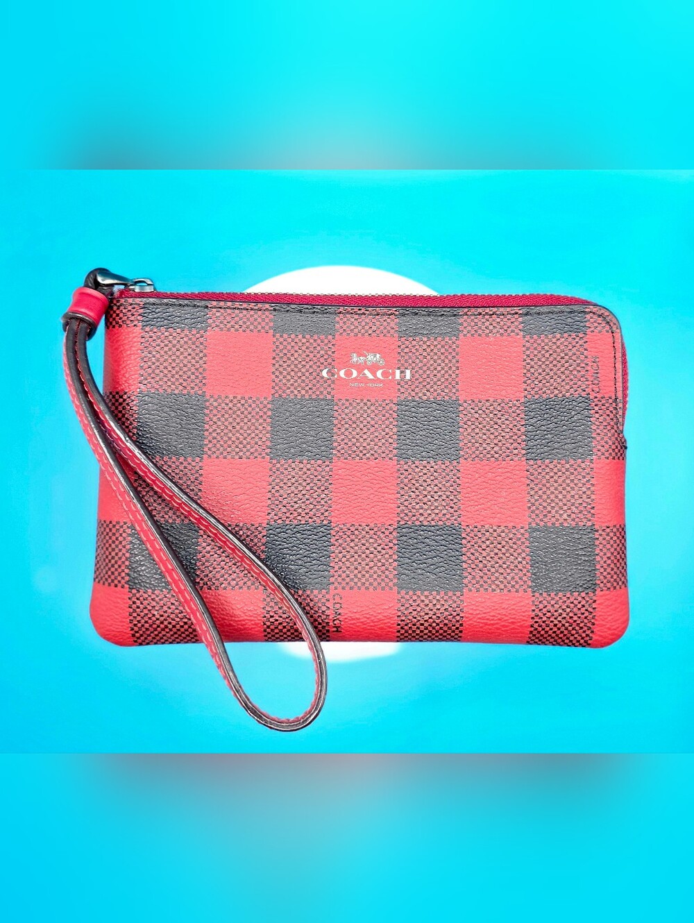 Coach Red & Black Check Wristlet with Logo